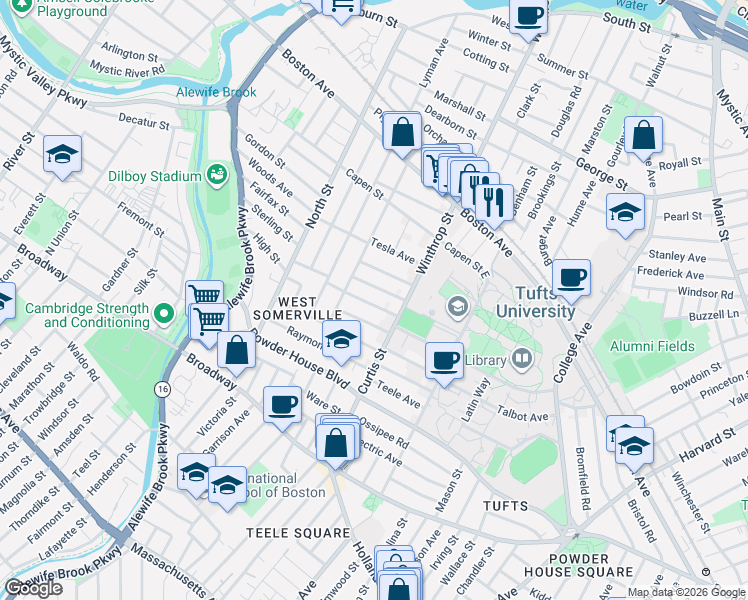 map of restaurants, bars, coffee shops, grocery stores, and more near 27 Curtis Avenue in Somerville
