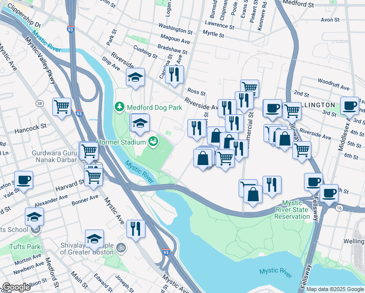 map of restaurants, bars, coffee shops, grocery stores, and more near in Medford