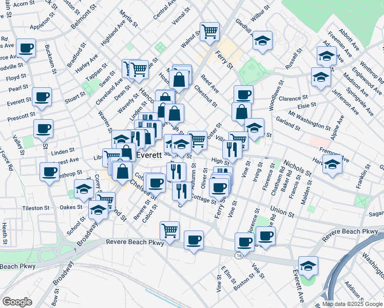 map of restaurants, bars, coffee shops, grocery stores, and more near 89 Clinton Street in Everett