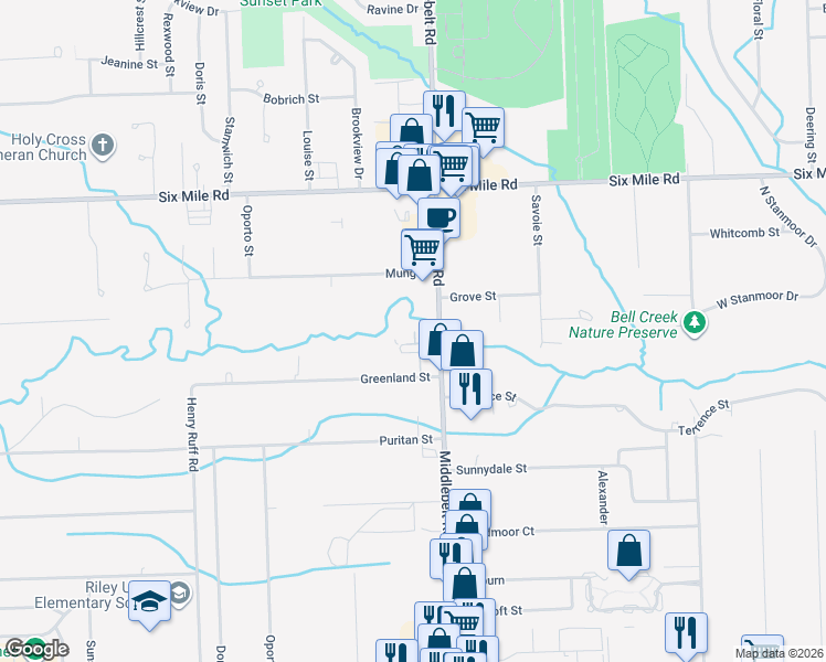 map of restaurants, bars, coffee shops, grocery stores, and more near 16349 Middlebelt Road in Livonia