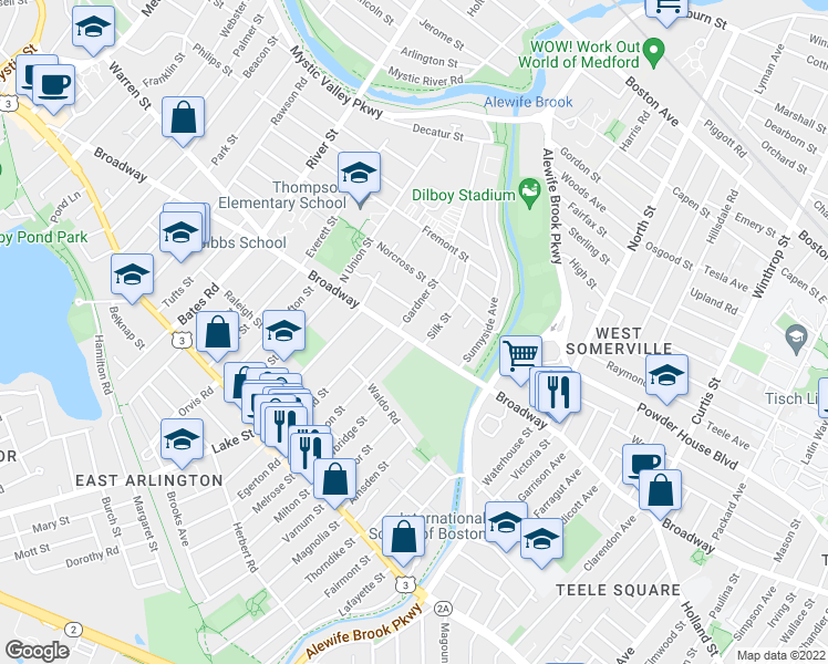 map of restaurants, bars, coffee shops, grocery stores, and more near 47 Broadway in Arlington