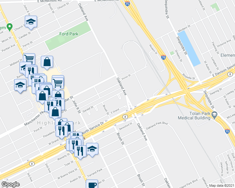 map of restaurants, bars, coffee shops, grocery stores, and more near 225 Gerald St in Highland Park