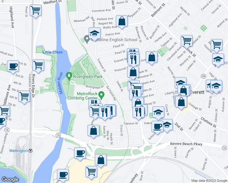map of restaurants, bars, coffee shops, grocery stores, and more near 14 Valley Street in Everett