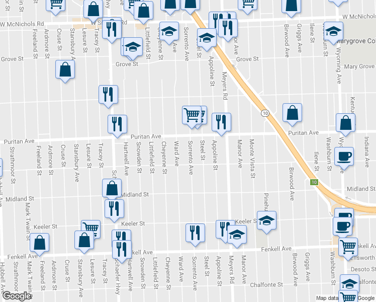 map of restaurants, bars, coffee shops, grocery stores, and more near 15855 Sorrento Street in Detroit