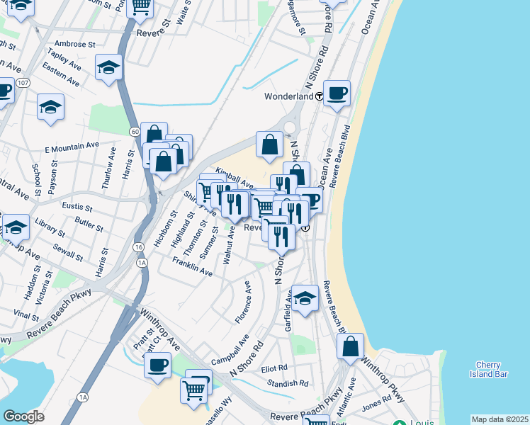 map of restaurants, bars, coffee shops, grocery stores, and more near 156 Shirley Avenue in Revere