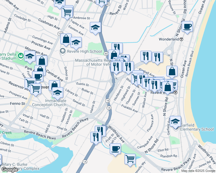 map of restaurants, bars, coffee shops, grocery stores, and more near 5 John Mooney Road in Revere