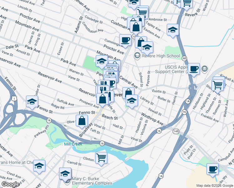 map of restaurants, bars, coffee shops, grocery stores, and more near in Revere
