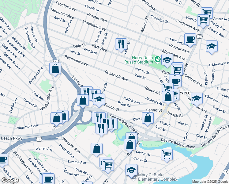 map of restaurants, bars, coffee shops, grocery stores, and more near 145 Ridge Road in Revere