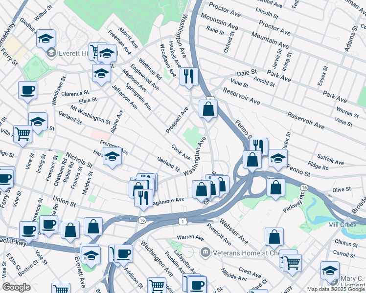map of restaurants, bars, coffee shops, grocery stores, and more near 45 Kimball Road in Chelsea
