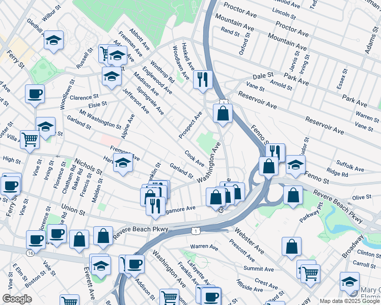 map of restaurants, bars, coffee shops, grocery stores, and more near 45 Kimball Road in Chelsea