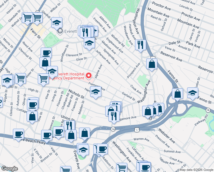 map of restaurants, bars, coffee shops, grocery stores, and more near 149 Fremont Avenue in Everett