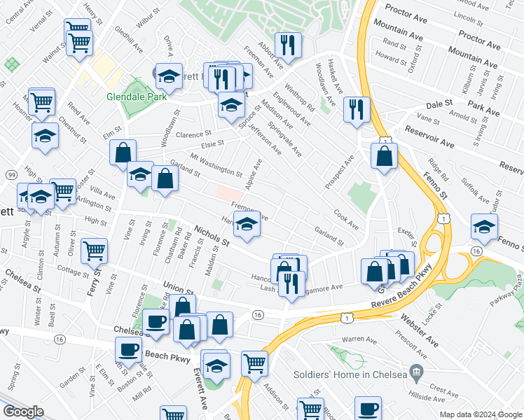 map of restaurants, bars, coffee shops, grocery stores, and more near 149 Fremont Avenue in Everett
