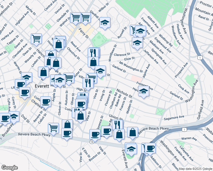 map of restaurants, bars, coffee shops, grocery stores, and more near 148 Irving Street in Everett