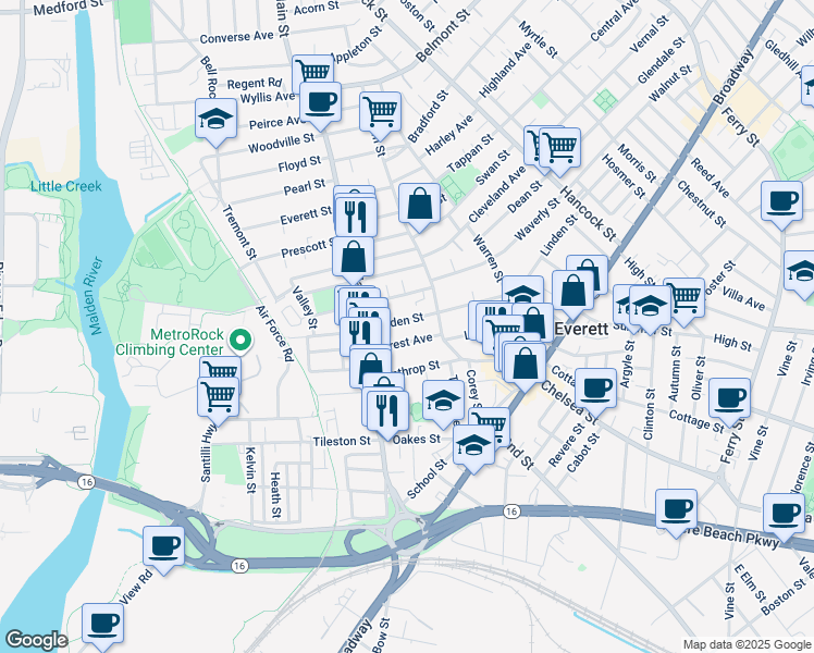 map of restaurants, bars, coffee shops, grocery stores, and more near 26 Forest Avenue in Everett