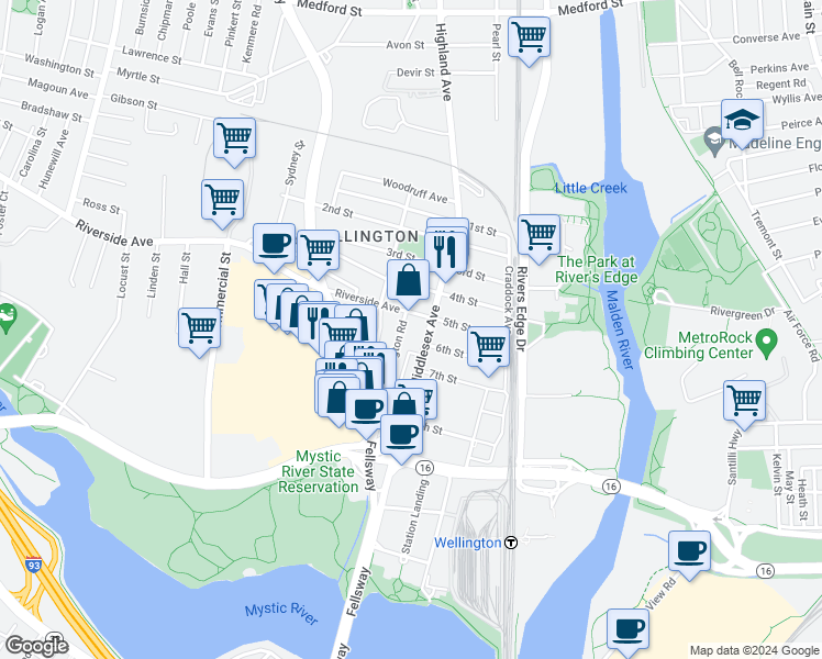 map of restaurants, bars, coffee shops, grocery stores, and more near 167 Middlesex Avenue in Medford