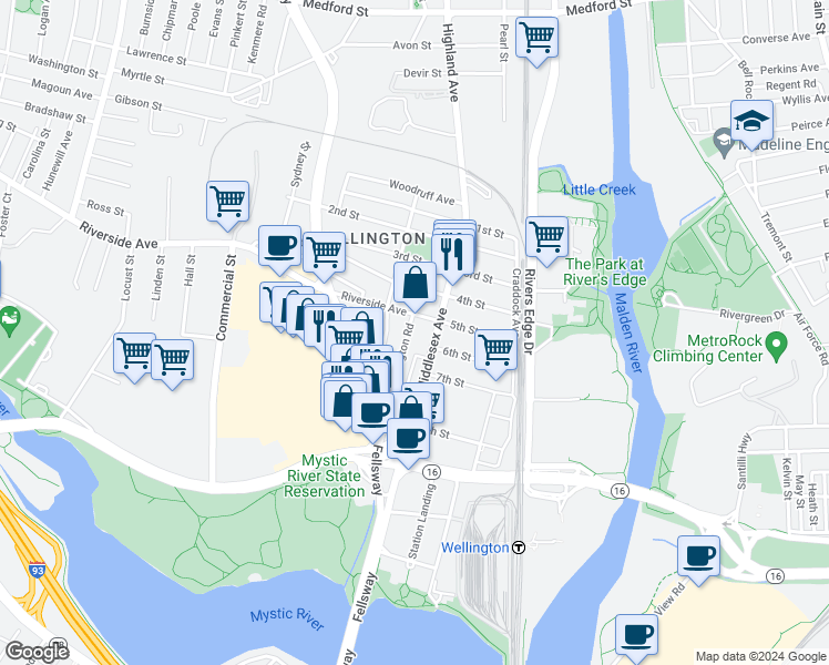 map of restaurants, bars, coffee shops, grocery stores, and more near 167 Middlesex Avenue in Medford