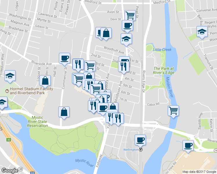 map of restaurants, bars, coffee shops, grocery stores, and more near 11 Bradbury Avenue in Medford