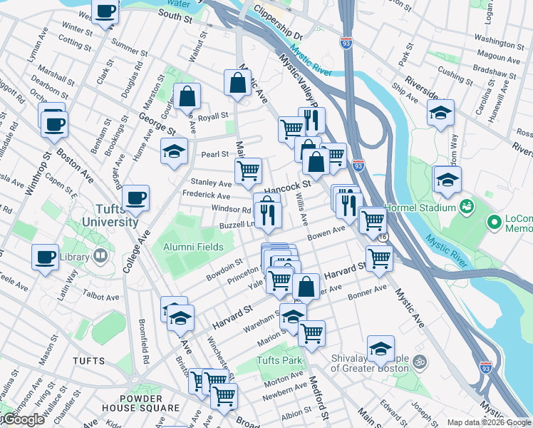 map of restaurants, bars, coffee shops, grocery stores, and more near 308 Main Street in Medford