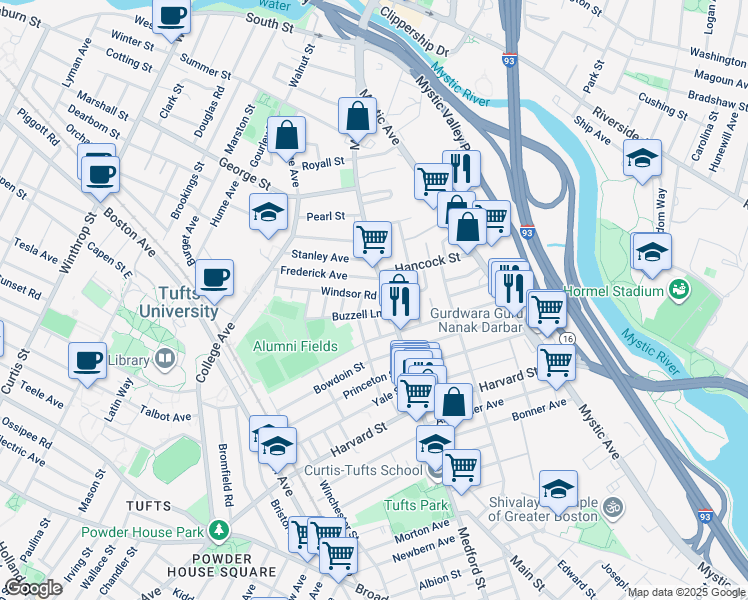map of restaurants, bars, coffee shops, grocery stores, and more near 20 Buzzell Lane in Medford