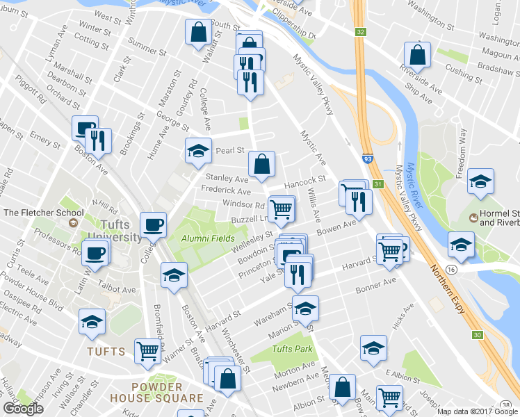 map of restaurants, bars, coffee shops, grocery stores, and more near 20 Buzzell Lane in Medford