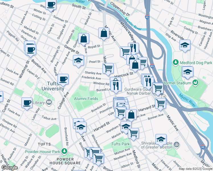 map of restaurants, bars, coffee shops, grocery stores, and more near 20 Buzzell Lane in Medford