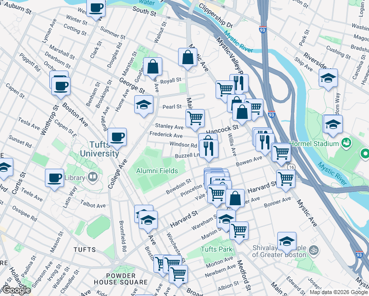 map of restaurants, bars, coffee shops, grocery stores, and more near 20 Buzzell Lane in Medford