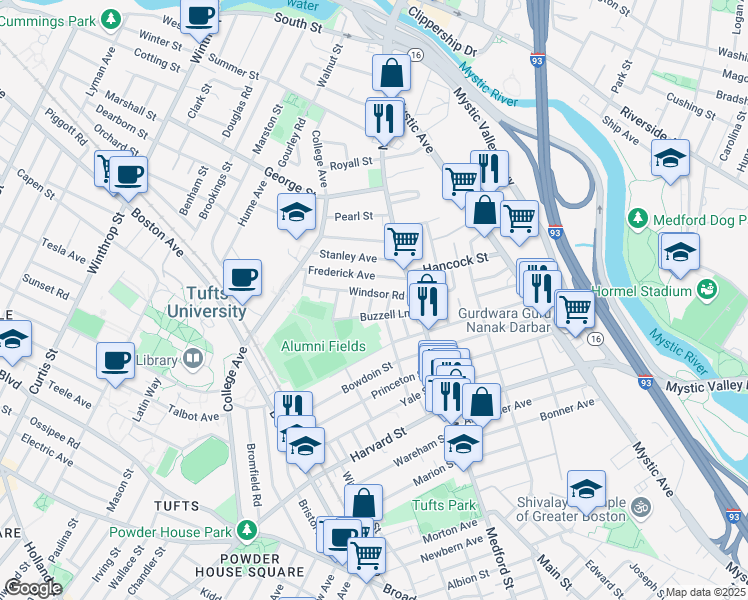 map of restaurants, bars, coffee shops, grocery stores, and more near 20 Buzzell Lane in Medford