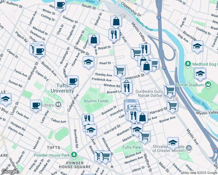 map of restaurants, bars, coffee shops, grocery stores, and more near 26 Renfrew Street in Medford