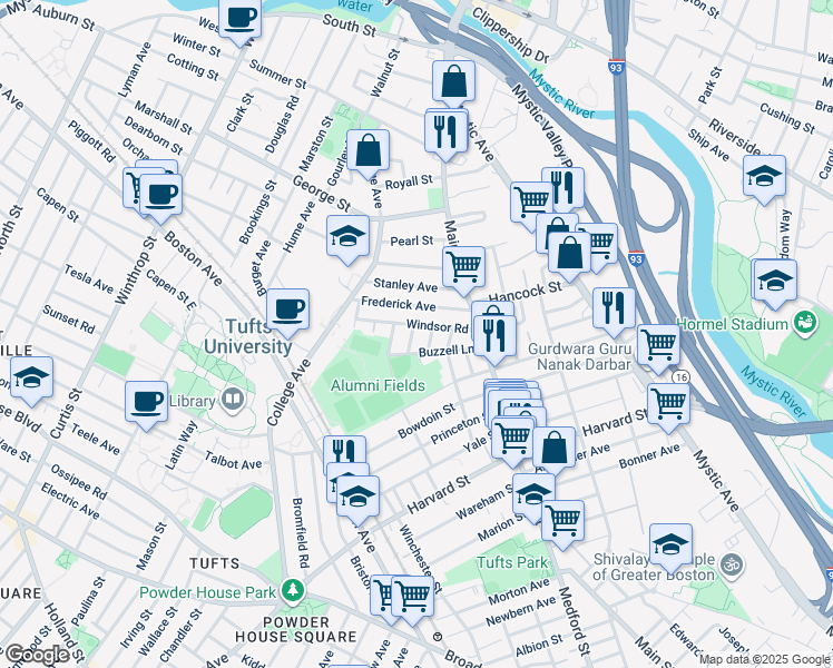 map of restaurants, bars, coffee shops, grocery stores, and more near 26 Renfrew Street in Medford