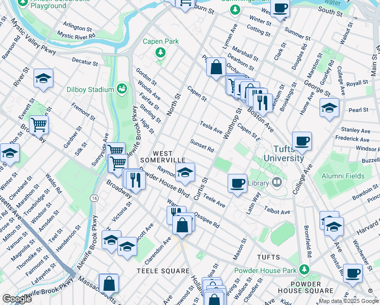 map of restaurants, bars, coffee shops, grocery stores, and more near 27 Curtis Avenue in Somerville