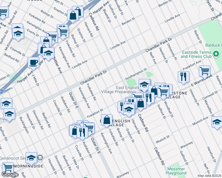 map of restaurants, bars, coffee shops, grocery stores, and more near 5266 Grayton Street in Detroit