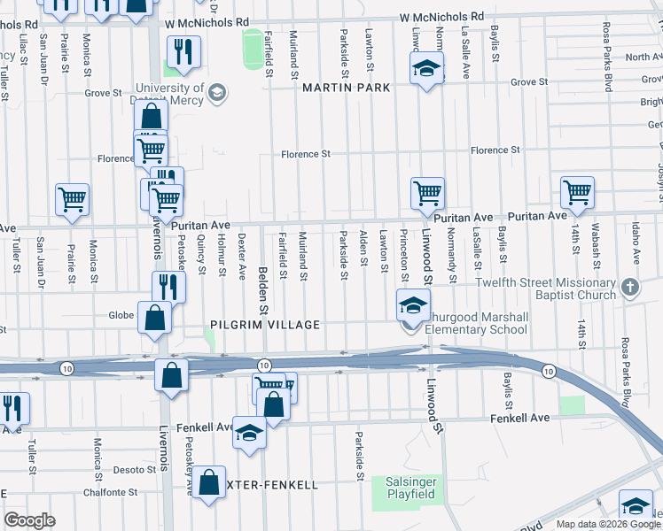 map of restaurants, bars, coffee shops, grocery stores, and more near 15798 Parkside Street in Detroit
