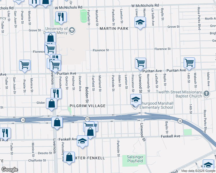 map of restaurants, bars, coffee shops, grocery stores, and more near 15804 Muirland Street in Detroit