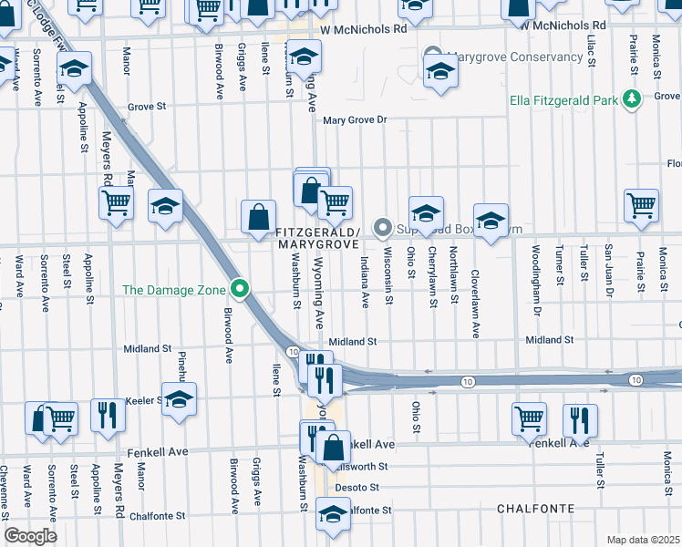 map of restaurants, bars, coffee shops, grocery stores, and more near 15800 Kentucky Street in Detroit