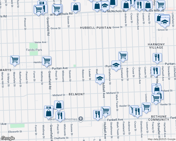map of restaurants, bars, coffee shops, grocery stores, and more near 15858 Lauder Street in Detroit