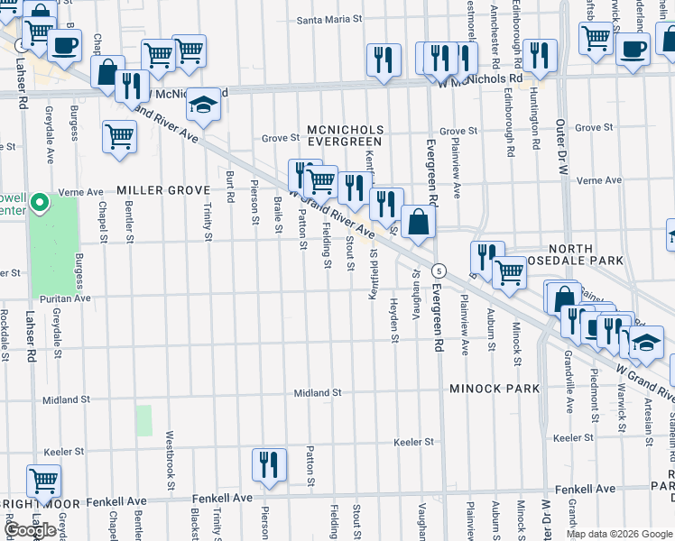 map of restaurants, bars, coffee shops, grocery stores, and more near 16104 Fielding Street in Detroit