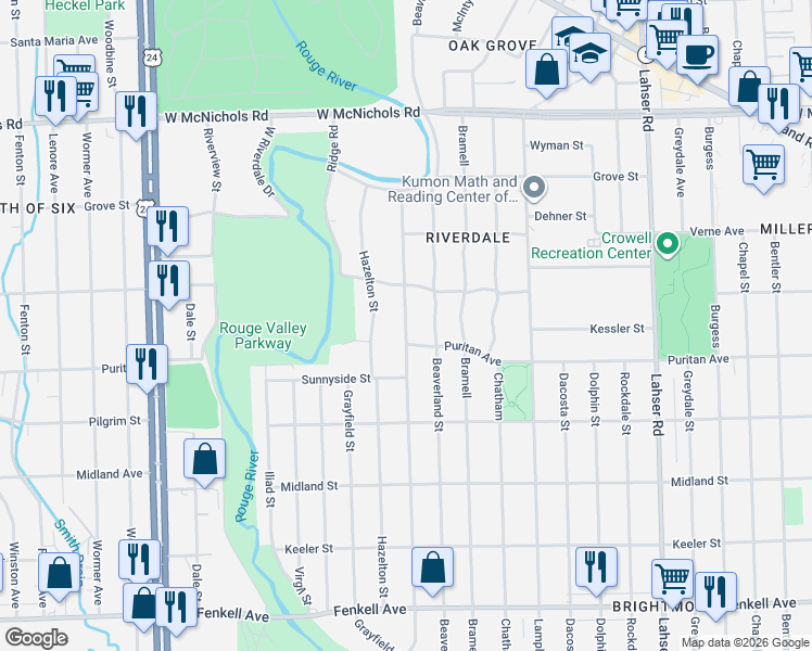 map of restaurants, bars, coffee shops, grocery stores, and more near 16100 West Parkway Street in Detroit