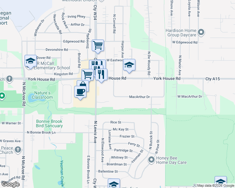 map of restaurants, bars, coffee shops, grocery stores, and more near 1619 Macarthur Drive in Waukegan