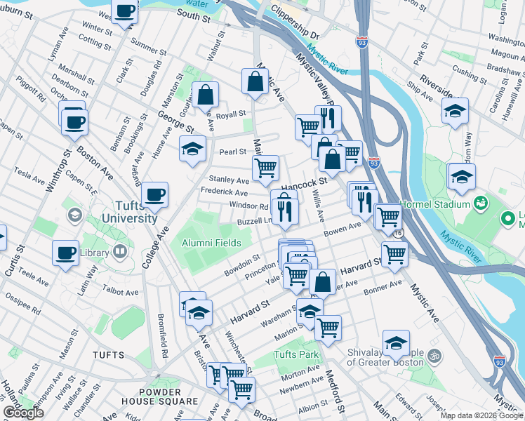map of restaurants, bars, coffee shops, grocery stores, and more near 20 Buzzell Lane in Medford