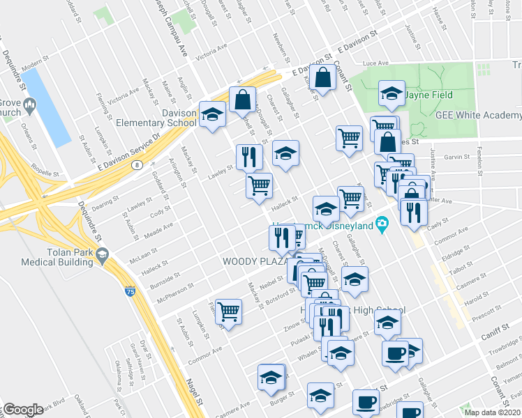 map of restaurants, bars, coffee shops, grocery stores, and more near 12513 Joseph Campau St in Detroit