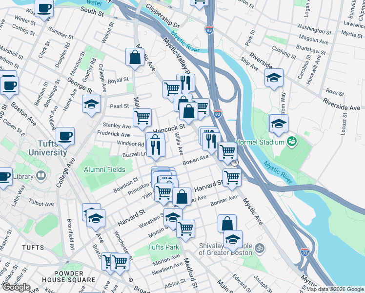 map of restaurants, bars, coffee shops, grocery stores, and more near 5 Goldsmith Avenue in Medford