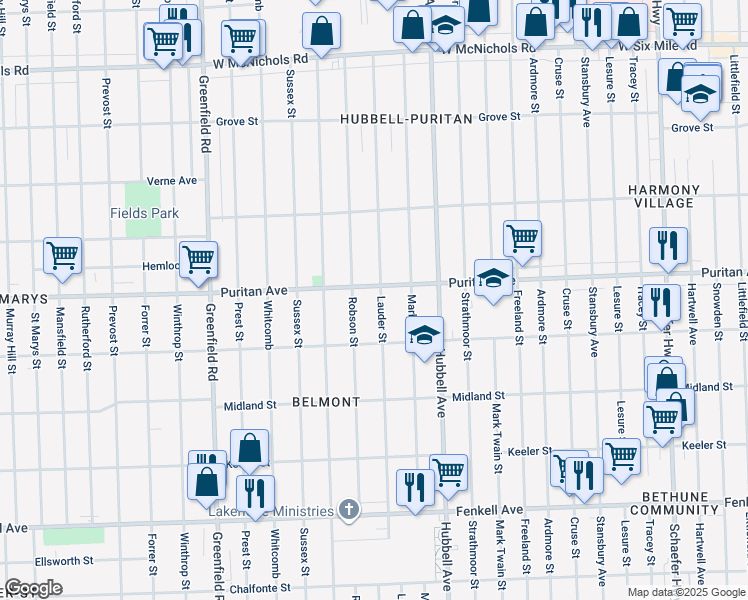 map of restaurants, bars, coffee shops, grocery stores, and more near 15858 Lauder Street in Detroit