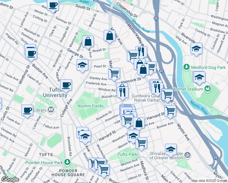 map of restaurants, bars, coffee shops, grocery stores, and more near 20 Buzzell Lane in Medford