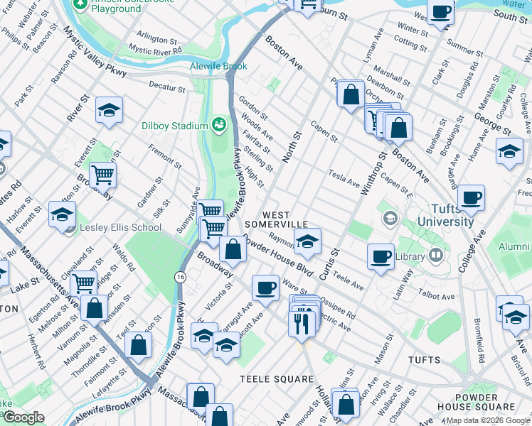 map of restaurants, bars, coffee shops, grocery stores, and more near in Somerville