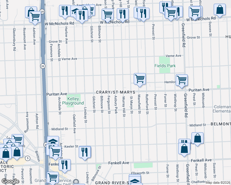 map of restaurants, bars, coffee shops, grocery stores, and more near 15891 Murray Hill Street in Detroit