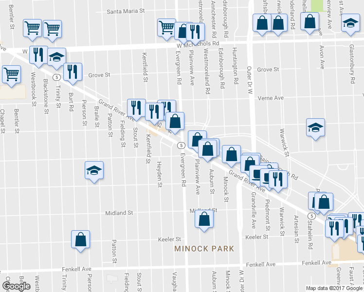 map of restaurants, bars, coffee shops, grocery stores, and more near Grand River Avenue & Evergreen Road in Detroit