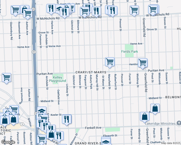 map of restaurants, bars, coffee shops, grocery stores, and more near Puritan St & Asbury Park in Detroit