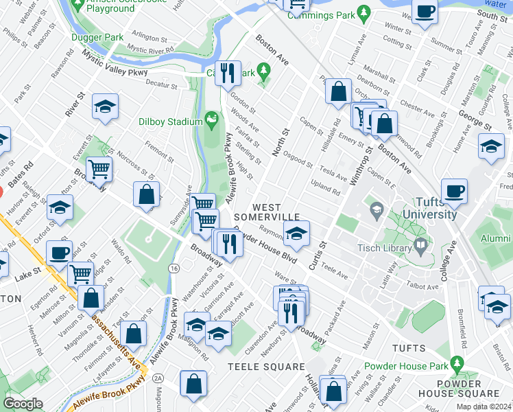 map of restaurants, bars, coffee shops, grocery stores, and more near 105 Conwell Avenue in Somerville