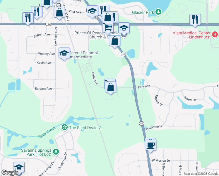 map of restaurants, bars, coffee shops, grocery stores, and more near 425 Park Avenue in Lake Villa