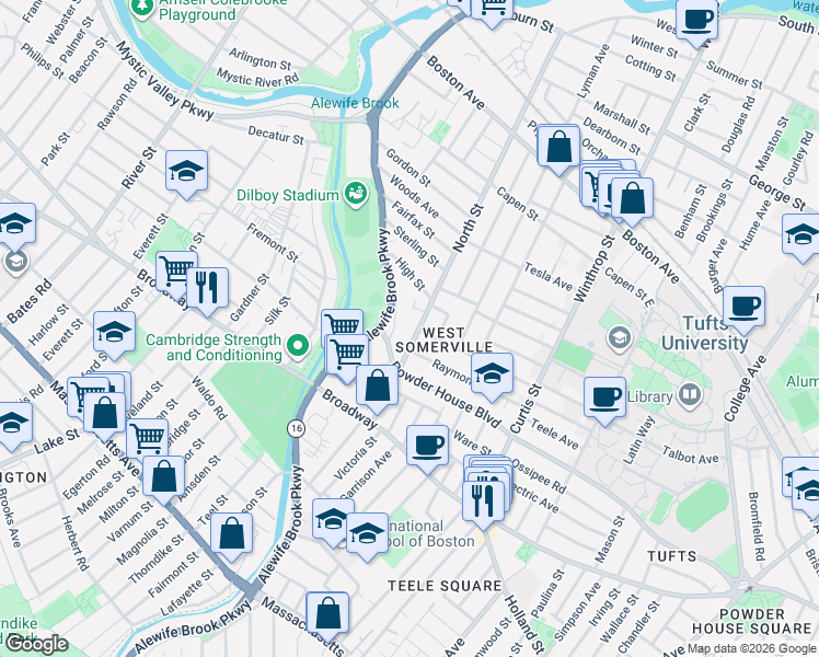 map of restaurants, bars, coffee shops, grocery stores, and more near 66 North Street in Somerville